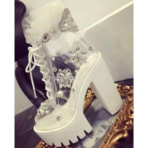 Luxury White Lace High Platform Boots Clear PVC Transparent Crystal Embellished Chunky Heel Shoes Lace-up Size 43