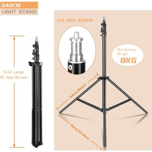 Heavy Duty Metal 2.4m Light Stand Max Load to 5KG Tripod for Photo Studio Softbox Video Flash ReflectorLighting Background Stand
