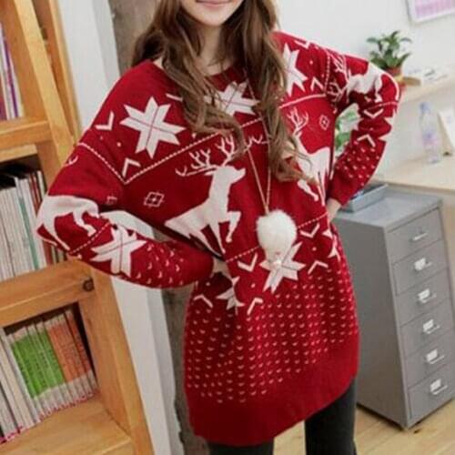 2017 Fashion Pullover Sweater Ladies Knitted Women Sweater Christmas Red Deer Snowflake Printed Warm Loose Sweater Dress Women