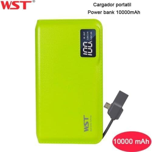 WST Power Bank 10000mAh External Battery Pack LED Digital Display with Built in Cable Cargador Portatil for iPhone/Android