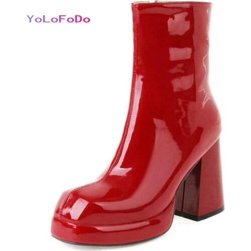 2021 Autumn Winter Women Ankle Boots Patent PU Leather Ladies Square High Heel Boots Side Zipper Square Toe Womens Boots