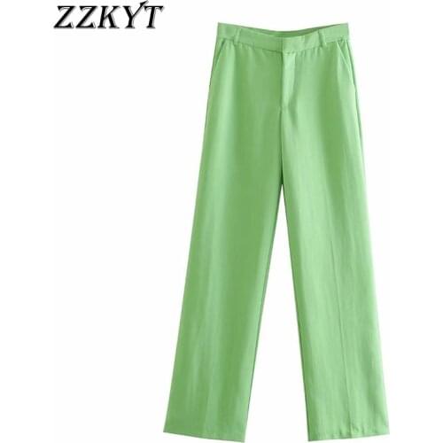 ZZKYT 2021 Women Spring Fashion Solid Straight Pants Vintage High Waist Fly Side Pockets Office Lady Female Ankle Trousers Mujer