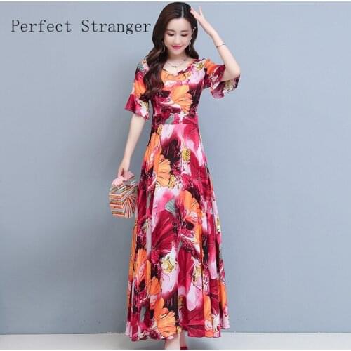 High Quality Hot Sale 2021 Summer Dress For Women V Collar Floral Printed Flare Sleeve Women Chiffon Long Dress