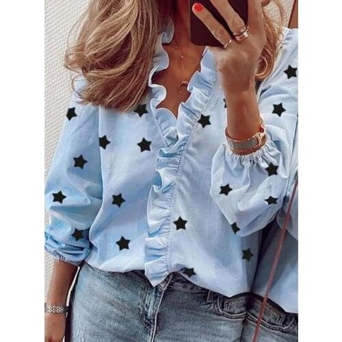 2021 Spring Autumn Sexy Deep V Neck Women Blouses Shirt Fashion Suffles Five Pointed Star Print Office Ladiestops Plus Size