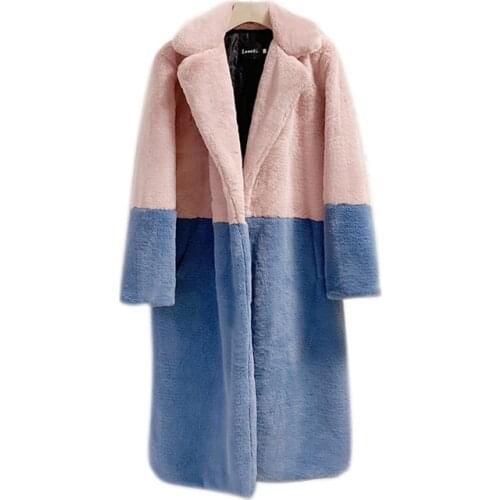 21 New Women Winter Keep Warm Faux Fur Coat Color Patch Thick Long Turn Down Collar Fashion Hot Style Feminino CX1407