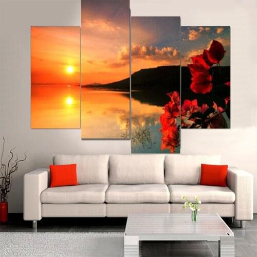 4PCS HD Printing of Flowers and Sunsets By The Lake Art Painting Poster Modern Living Room Home Decoration Accessories Frameless