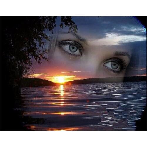 5D Diy Diamond Painting Landscape Sunset Water and Beauty Eyes Full Square Rhinestone Mosaic Cross Stitch Diamond Embroidery Art