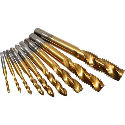 9Pcs M2-M12 Titanium Plated Drill Bits Taps HSS Screw Thread Metric Tap Drill Bits Screw for Screw Machine Drilling Tools