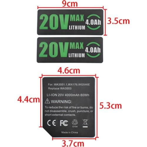 Battery Label 20V 4.0Ah Lithium Battery Stickers 10 Pcs for Wackers WA3596 WA3595