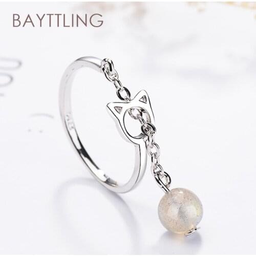 BAYTTLING 925 Sterling Silver Grey/Pink Cute Cat Strawberry Crystal Bell Chain Ring For Woman Couple Fashion Jewelry Gift
