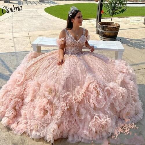 Sparkly Rose Gold Sequined Tulle Spaghetti Strap Ball Gown Quinceanera Dress Beading Flowers Ruched Sweet 15 Prom Party Dresses