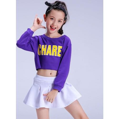 Children Hiphop Clothes Jazz Dance Costumes Purple Shirts & White Skirt Kids Student Street Dance Wear Girl HipHop Suit