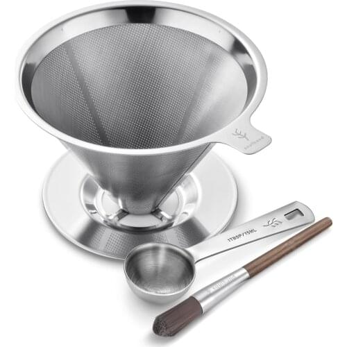 Soulhand Stainless Steel Coffee Filter Double Layer Reusable Coffee Filters Dripper v60 Drip Coffee Baskets With Scoop and Brush