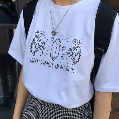 Theres Magic In All Of Us T-shirt Aesthetic Crystal Moon Wiccan T- Shirt Vintage Women Short Sleeve Graphic Witch Top Tee Shirt