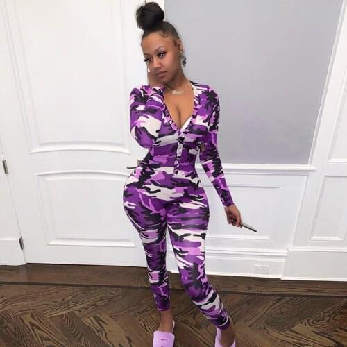 UVRCOS Overalls For Women Jumpsuit Camouflage Printing Deep V-Neck Button Sexy Mejur Tracksuit Streetwear Long Sleeve One Piece