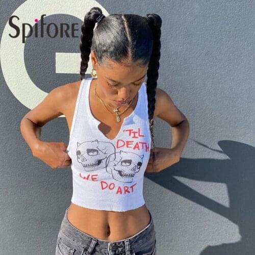 Spifore Y2K Print Crop Top Hip Hop Chic Sleeveless Graphic Tank Tops Women New Harajuku Letter Knit Vest