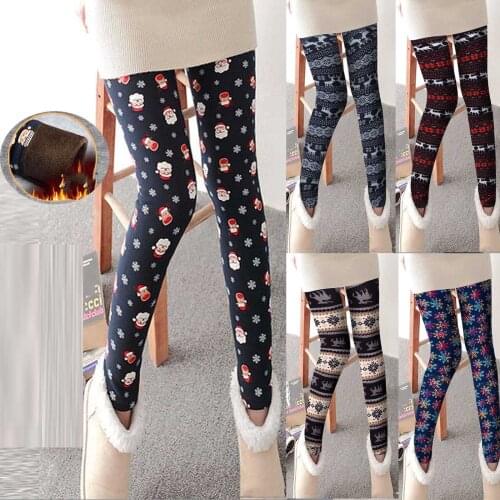 Womens Autumn/Winter Christmas Printed Elastic Waist Leggings High Waist Leggings Plus Velvet Warm Pants leginsy ocieplane F4