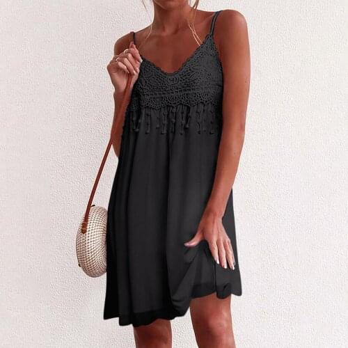 Summer Lace Strap Dress Sexy Sleeveless Lace Hem Casual Loose Mini Dress Holiday Solid Open Back Sling Summer Dress 2021 40