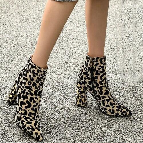 Fashion Womens Shoes Side Zipper Square Root Ladies Boots Leopard Print Cow Pattern Ladies Pointed Super High Heel Large Size