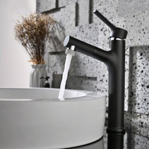 Fashionable Black plated bathroom sink faucet Pull out cold and hot water faucet Succinct High brass basin faucet with spray