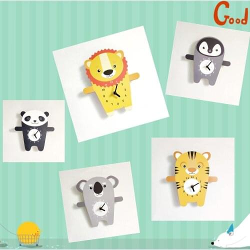 Cartoon Animals Wall Clock Wooden Nordic Mute Clocks For Baby Kids Room Decoration Figurines Hanging Nursery Decor Photo Props