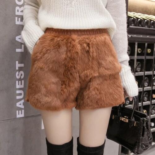 2019 new high street real rabbit fur shorts winter thermal wool short trousers fashion lace patchwork black short pants