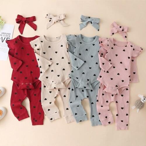 New Autumn Girls' Casual Long Sleeve Heart Printed Tops and Pants with Bow Headdress Set