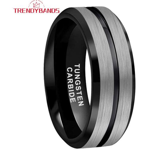 Tungsten Carbide Engagement Ring For Men Women Wedding Band 8MM Black Grooved Brushed Finish Comfort Fit