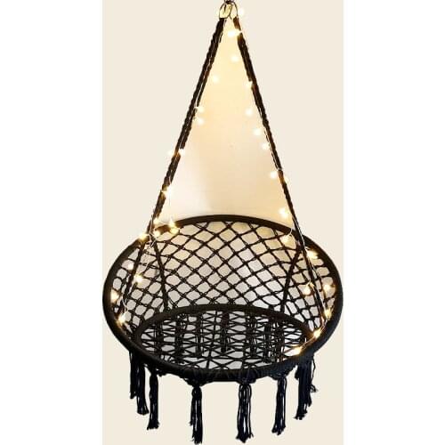 Hammock Chair Rope Swing with Side Storage Bag-Handwoven Cotton Hanging Chair for Indoor Outdoor Patio Garden(Black)