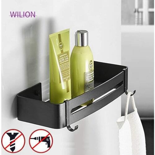 Shower Shelf No Drill Bathroom Caddy Organiser Bath Storage Holder Self Adhesive Non Rust Rectangular with 2 Hooks