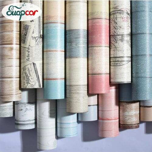 Bedroom Wall paper PVC Self adhesive Wallpaper Waterproof Tape Sticker Mediterranean Wood Striped Wall Stickers for Lliving room