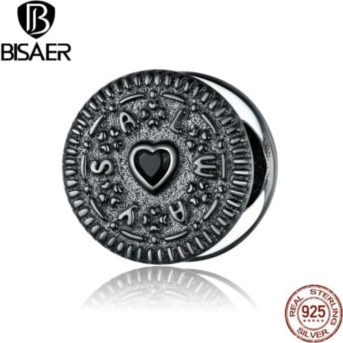 BISAER Sandwich Biscuits Beads 100% 925 Sterling Silver Chocolate Charm Pendant Fit DIY Making Bracelet Necklace Jewelry EFC352
