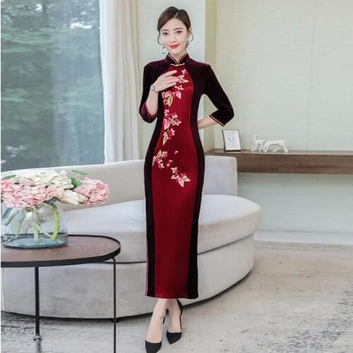 Traditional Chinese Cheongsam Autumn Oriental dress Middle-aged
