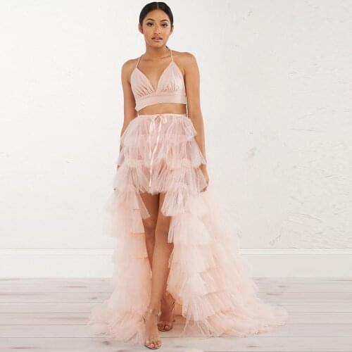 Gorgeous Sexy High Low Tulle Over Wrap Skirts Women See Thru Long Tulle Detachable Train Ruffles Tiered Tutu Skirt