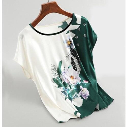 2021 New Summer Women Silk Short Sleeve Tops Satin Blouses Plus Size Batwing Sleeve Vintage Print Floral Blouse Ladies Casual