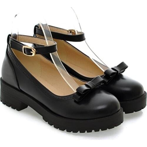 US4-11 Cute Lolita Round Toe Womens Cosplay Maid Shoes Mary Janes School Shoes Low Heel Bowtie Black Brown Red Plus Size 2021