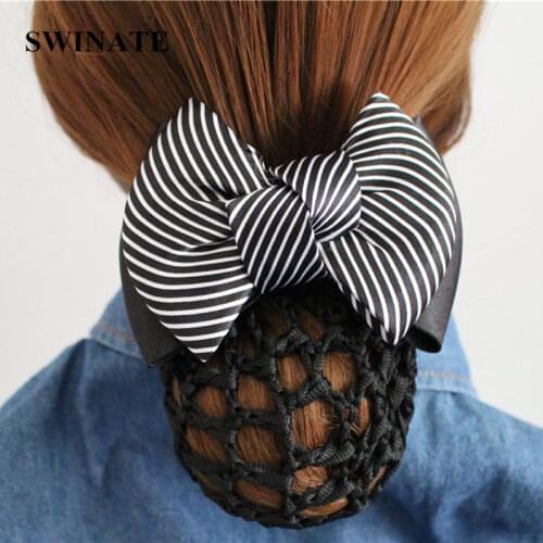 Multi Colors Women Striped Ribbon Bow Hair Bun Net Snood Crochet Net Bun Hair Cover Women Hair Accessories Office Lady Barrette