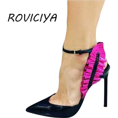 Slingbacks pointed toe 12cm high heels ankle strap women shoes summer shoes for women pumps mixed color LX006 ROVICIYA