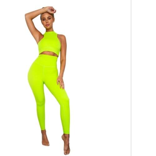 Women 2 Piece Set Suit Neon Crop Top Tank Leggings Fitness Female Casual Bodysuit Club Outfit Sport Ladies Tracksuits
