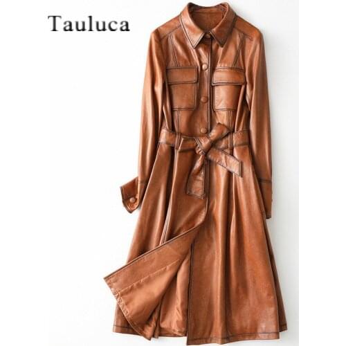 Vintage Luxury Real Sheepskin Coat Ladies Genuine Leather Jacket With Belt Plus Size Trench Coat Women Windbreaker Long Overcoat