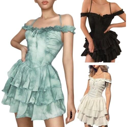 Women Sexy Halter Ruffles Off Shoulder Mini Dress Lace-Up Layered Swing Sundress