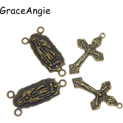 10Pcs Rosary Cross and Center Sets Rosary Bead Necklace Making Bronze Alloy Crucifix Cross Pendants Virgin 30*14mm 28*17mm