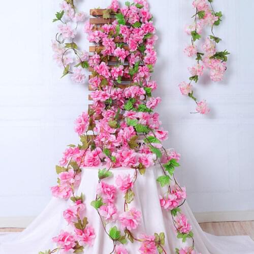 2.3m Pink Artificial Flowers Cherry Ivy Vine Wedding decoration Silk Flower Garland Leaves For Home Hanging Rattan Wall Decor