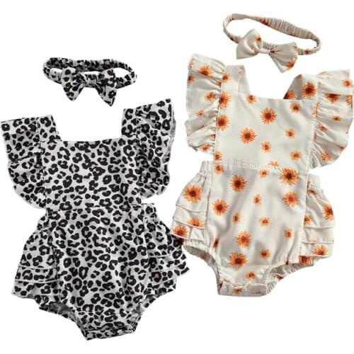 2020-12-21 Lioraitiin 0-24M 2Pcs Set Baby Girl Summer Cute Romper Off Shoulder Floral Leopard Printed Jumpsuit 2Styles