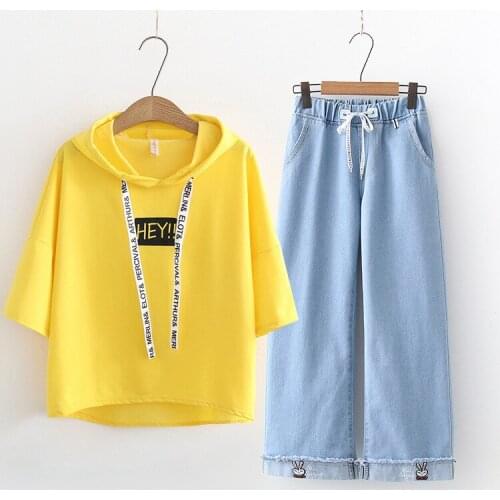2021 Summer New Denim Capris+Loose Short Sleeve T-shirt 2Pcs Women Hooded Pullover Suit Girls Little Fresh Clothing Set