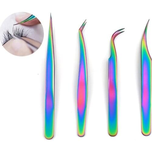 Anti-static Eyelash Extension Tweezers Stainless Steel Rainbow Straight Curved Tip Fake Lashes Forceps Professional Makeup Tool