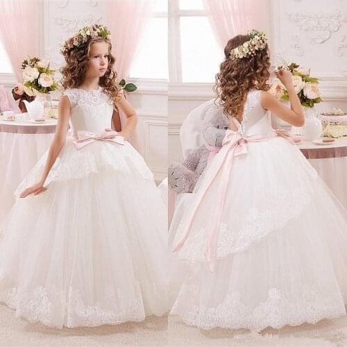 White Lace Flower Girls Dresses For Weddings Tulle Belt Bow Knot Custom First Communion Dress Princess Christmas Girls Dresses