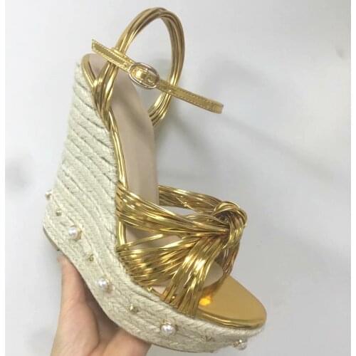 Summer Women Golden Strappy Knot Sandals Pearl Rivets Studs Rope Braided Wedge Heels Peep toe Platform Ankle Strap Sandalias