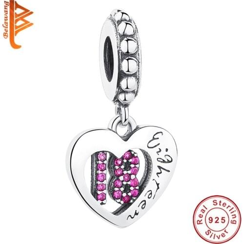 Wholesale 100% 925 Sterling Silver CZ Crystal Heart Charm DIY 18 Year Old Bead Fit Original Bracelet Women Jewelry Birthday Gift