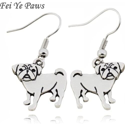 Fei Ye Paws Vintage Cute Pug Dog Charms Drop Earrings Copper Metal Big Statement Long Dangle Earrings For Women Fashion Jewelry